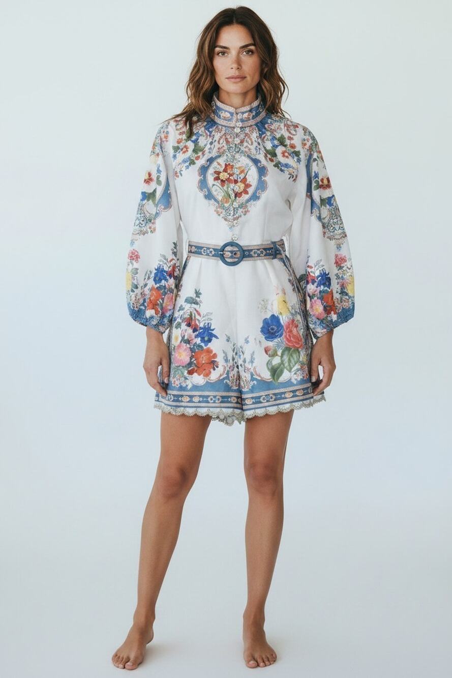 A8 NWT DALIA MAC PHEE Multicolor Floral Self Belted Balloon Sleeve Romper Size M